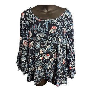 SOLITAIRE romantic floral top size L feminine Bell Sleeves Lightweight Rayon 330